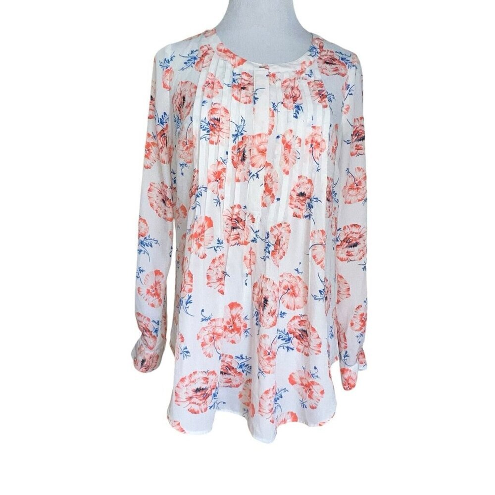 DANIEL RAINN WHITE PEACH FLORAL PLEATED BLOUSE WOMEN SMALL COLORFUL PREPPY BOHO